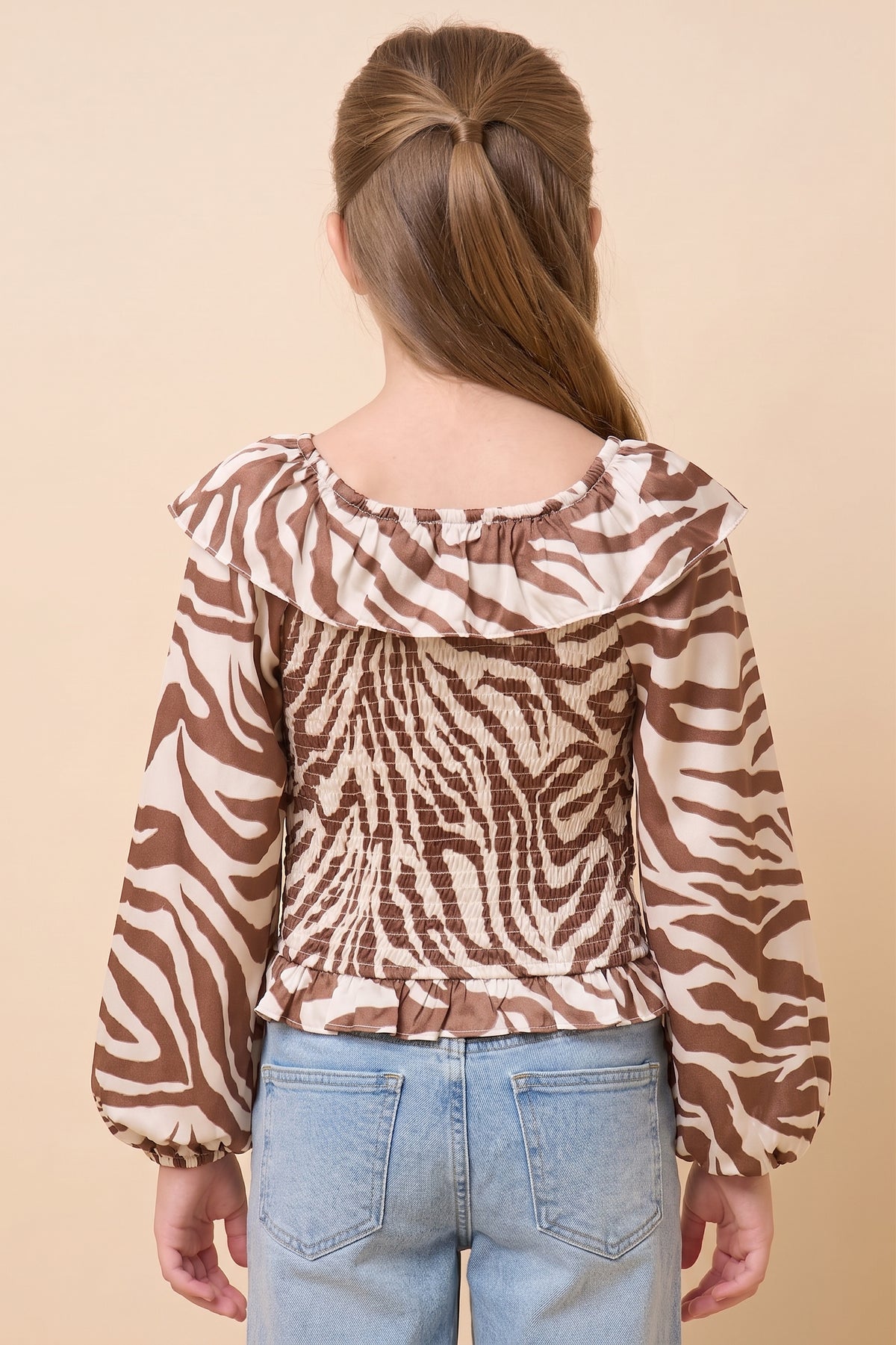 Zebra Print Ruffle Detail Smocked Top