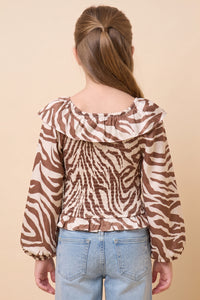 Zebra Print Ruffle Detail Smocked Top