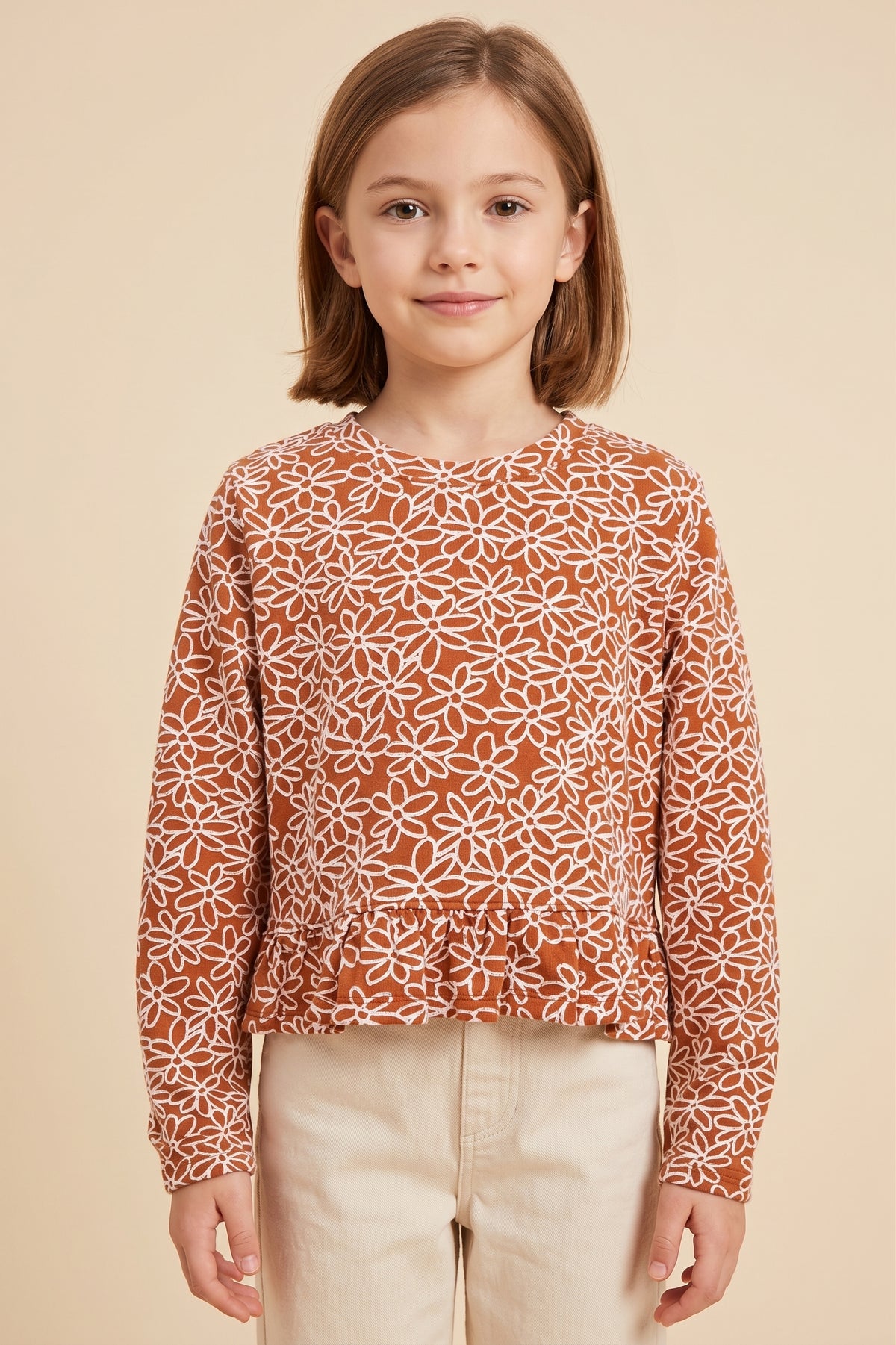 Floral Embroidered Ruffled Hem Knit Top