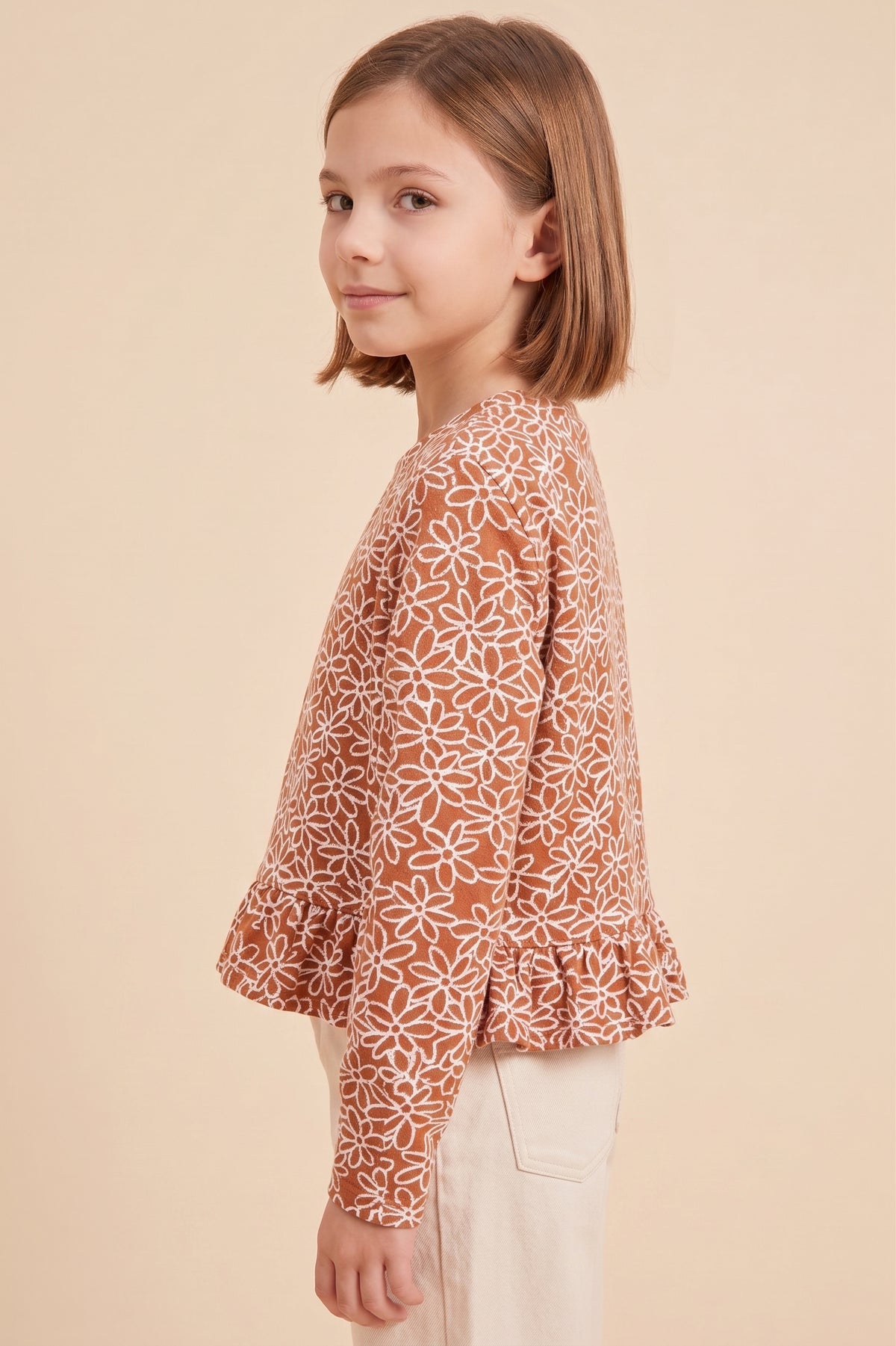 Floral Embroidered Ruffled Hem Knit Top