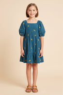 Floral Embroidered Corduroy Pleated Sleeve Dress