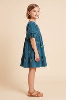 Floral Embroidered Corduroy Pleated Sleeve Dress