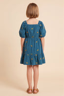Floral Embroidered Corduroy Pleated Sleeve Dress