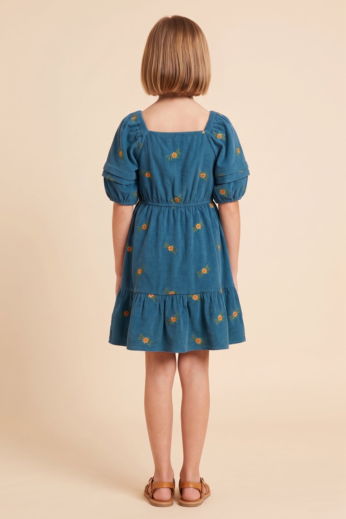 Floral Embroidered Corduroy Pleated Sleeve Dress