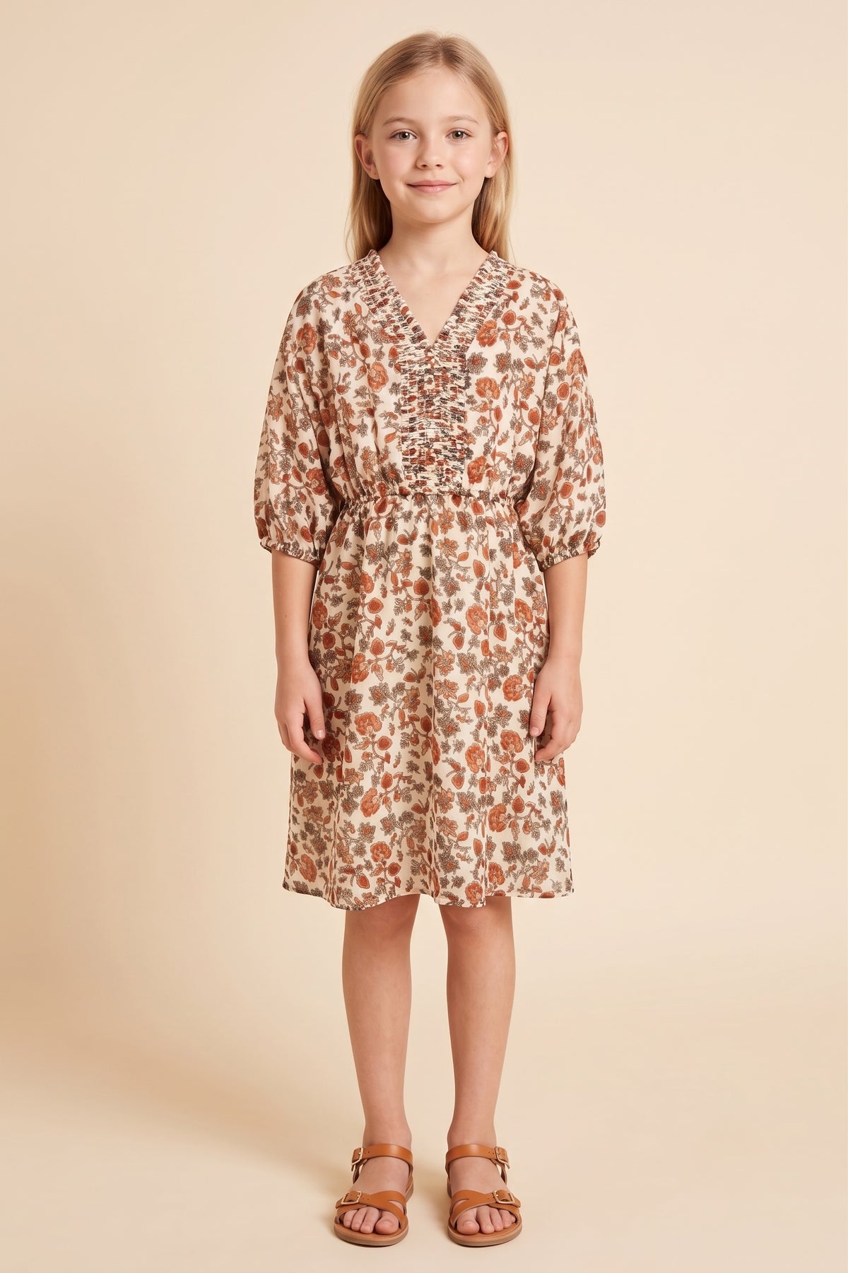 Smocked Neckline Floral Puff Sleeve Dress