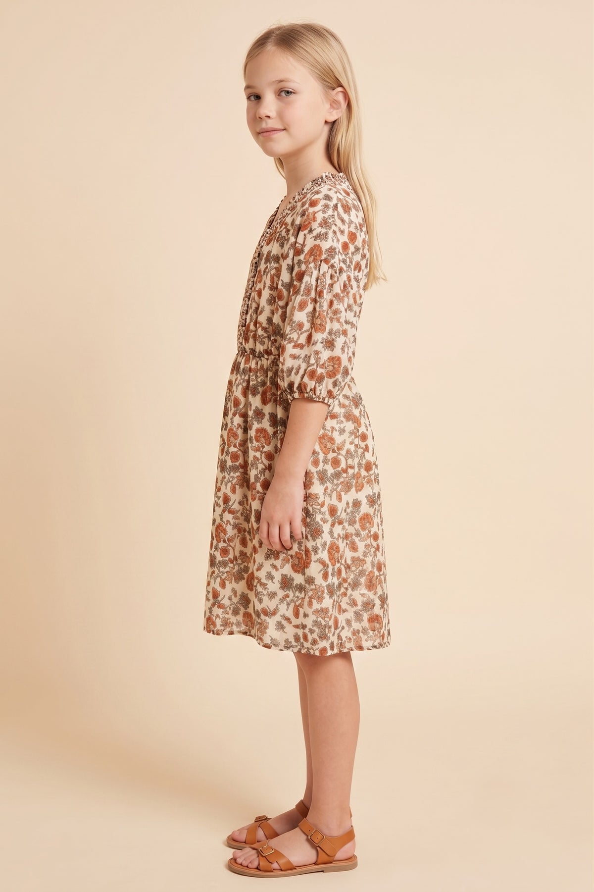 Smocked Neckline Floral Puff Sleeve Dress