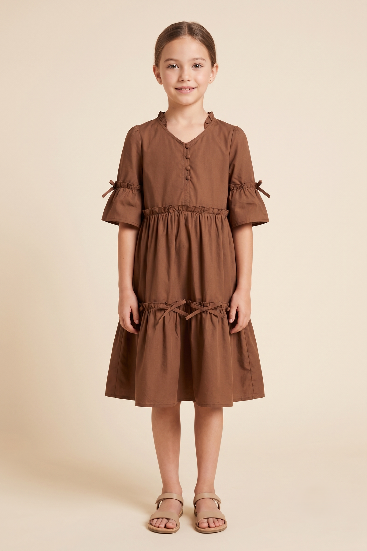 Bow Detailed Buttoned Poplin Dress