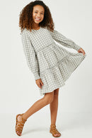 GY5003 GREY Girls Smocked Cuff V Neck Tiered Plaid Dress Full Body