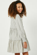 GY5003 GREY Girls Smocked Cuff V Neck Tiered Plaid Dress Side