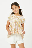 GY5008 PINK Girls Mixed Floral Roll Sleeve Peplum Top Front