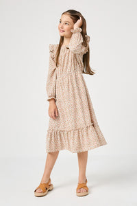 GY5041 Ivory Girls Ditsy Floral Squared Ruffle Neck Long Sleeve Dress Full Body