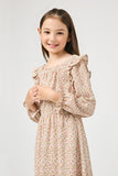 GY5041 Ivory Girls Ditsy Floral Squared Ruffle Neck Long Sleeve Dress Close Up
