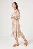 GY5041 Ivory Girls Ditsy Floral Squared Ruffle Neck Long Sleeve Dress Side