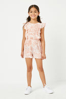 GY5045 MAUVE Girls Marbled Printed Ruffled Romper Full Body