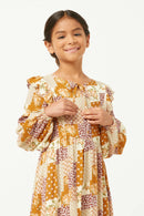 GY5058 MUSTARD Girls Patch Print Ruffled Shoulder Tie Neck Long Sleeve Dress Detail