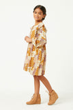 GY5058 MUSTARD Girls Patch Print Ruffled Shoulder Tie Neck Long Sleeve Dress Side