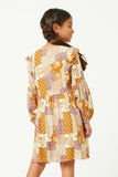 GY5058 MUSTARD Girls Patch Print Ruffled Shoulder Tie Neck Long Sleeve Dress Back
