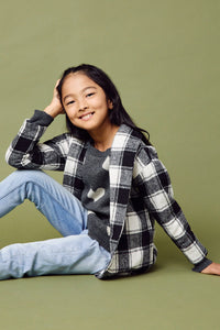 GY5075 CREAM Girls Brushed Plaid Shawl Collar Open Jacket Pose