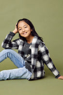 GY5075 CREAM Girls Brushed Plaid Shawl Collar Open Jacket Pose