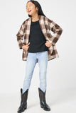 GY5075 TAUPE Girls Brushed Plaid Shawl Collar Open Jacket Full Body