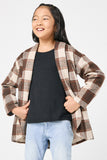 GY5075 TAUPE Girls Brushed Plaid Shawl Collar Open Jacket Front