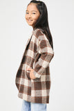 GY5075 TAUPE Girls Brushed Plaid Shawl Collar Open Jacket Side