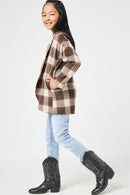 GY5075 TAUPE Girls Brushed Plaid Shawl Collar Open Jacket Side 2