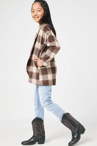 GY5075 TAUPE Girls Brushed Plaid Shawl Collar Open Jacket Side 2
