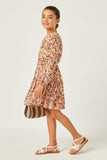 GY5080 BROWN Girls Floral Print V Neck Smock Waist Tiered Mini Dress Full Body