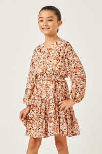 GY5080 BROWN Girls Floral Print V Neck Smock Waist Tiered Mini Dress Front