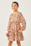 GY5080 BROWN Girls Floral Print V Neck Smock Waist Tiered Mini Dress Front