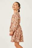 GY5080 BROWN Girls Floral Print V Neck Smock Waist Tiered Mini Dress Detail