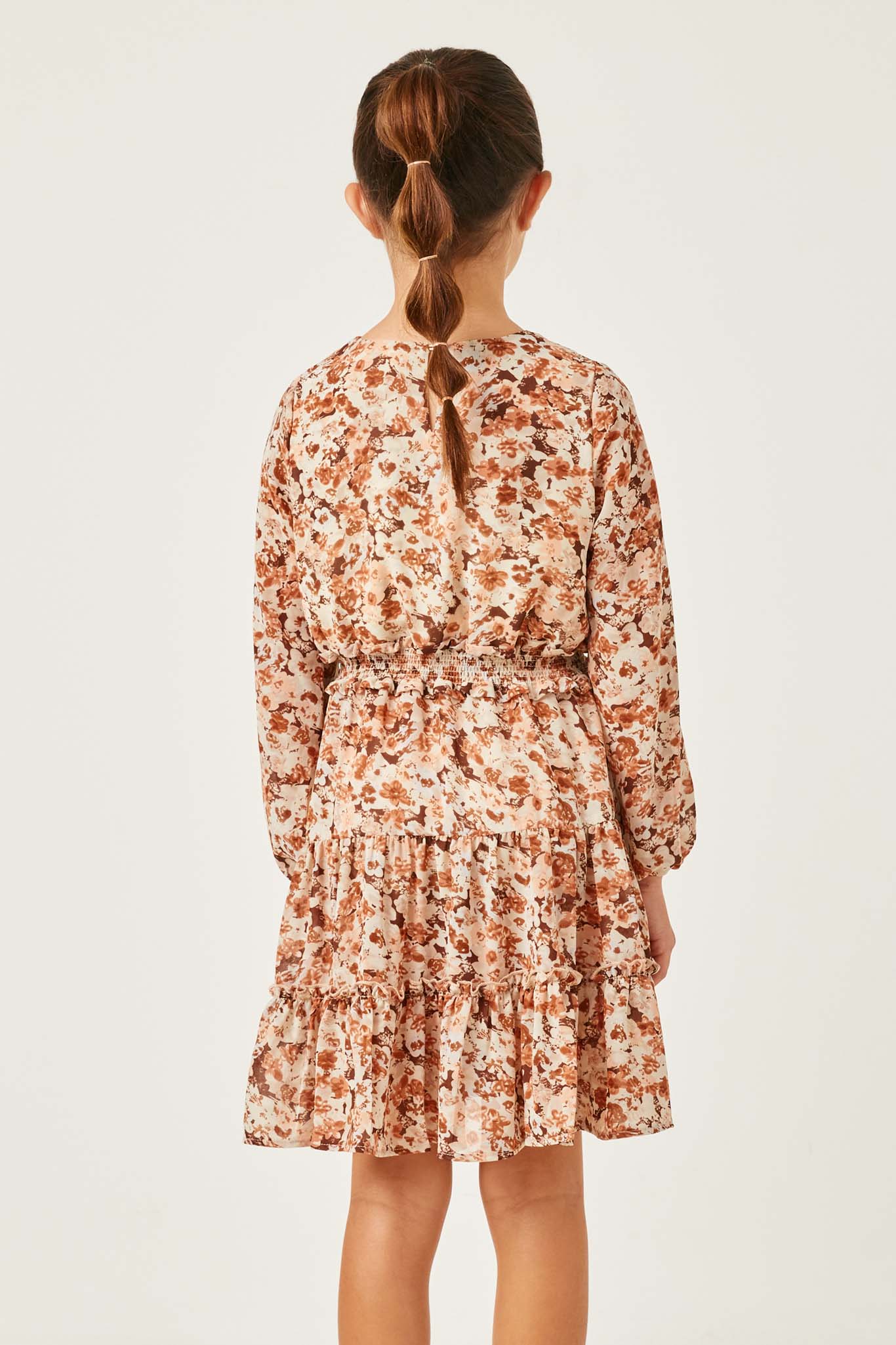 GY5080 BROWN Girls Floral Print V Neck Smock Waist Tiered Mini Dress Back