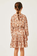 GY5080 BROWN Girls Floral Print V Neck Smock Waist Tiered Mini Dress Back