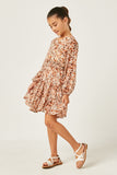 GY5080 BROWN Girls Floral Print V Neck Smock Waist Tiered Mini Dress Side