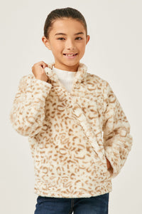 GY5082 IVORY Girls Mock Neck Half Zip Leopard Print Fleece Top Front