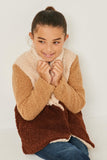 GY5083 BROWN Girls Fuzzy Fleece Collared Color Block Jacket Front