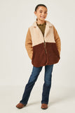 GY5083 BROWN Girls Fuzzy Fleece Collared Color Block Jacket Full Body