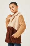 GY5083 BROWN Girls Fuzzy Fleece Collared Color Block Jacket Side