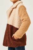 GY5083 BROWN Girls Fuzzy Fleece Collared Color Block Jacket Detail