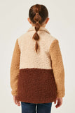 GY5083 BROWN Girls Fuzzy Fleece Collared Color Block Jacket Back