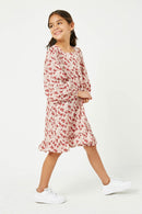 GY5095 BURGUNDY Girls Balloon Sleeve Square Neck Tunic Dress Side