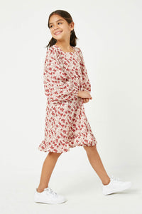 GY5095 BURGUNDY Girls Balloon Sleeve Square Neck Tunic Dress Side