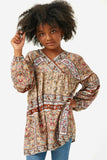 GY5096 TAUPE Girls Floral Border Print Long Sleeve Surplice Tunic Front