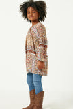GY5096 TAUPE Girls Floral Border Print Long Sleeve Surplice Tunic Full Body