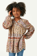GY5096 TAUPE Girls Floral Border Print Long Sleeve Surplice Tunic Front 2