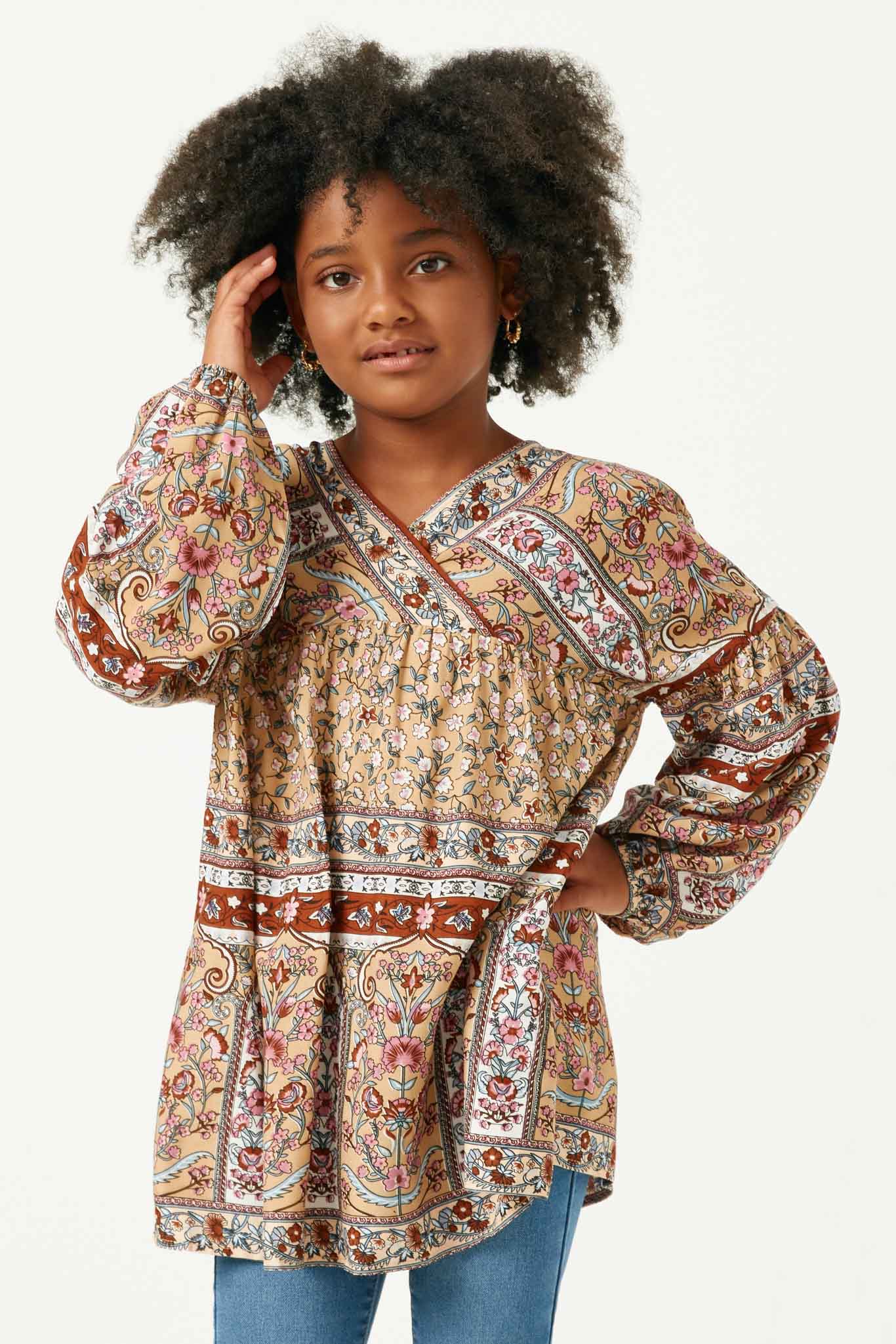GY5096 TAUPE Girls Floral Border Print Long Sleeve Surplice Tunic Front 2
