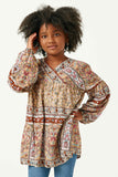 GY5096 TAUPE Girls Floral Border Print Long Sleeve Surplice Tunic Front 2
