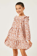 GY5106 PINK Girls Ditsy Floral Ruffled Shoulder Tiered Dress Detail