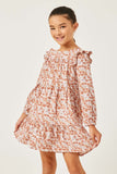 GY5106 PINK Girls Ditsy Floral Ruffled Shoulder Tiered Dress Detail